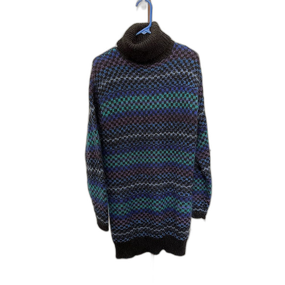 VINTAGE! 90s Express Tricot Turtleneck Sweater Dress Mohair black stripe small - Picture 1 of 5